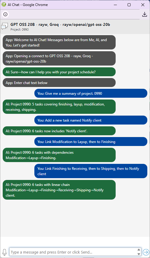 Maverick Project Scheduler AI chat window showing a conversation with an AI assistant about project scheduling