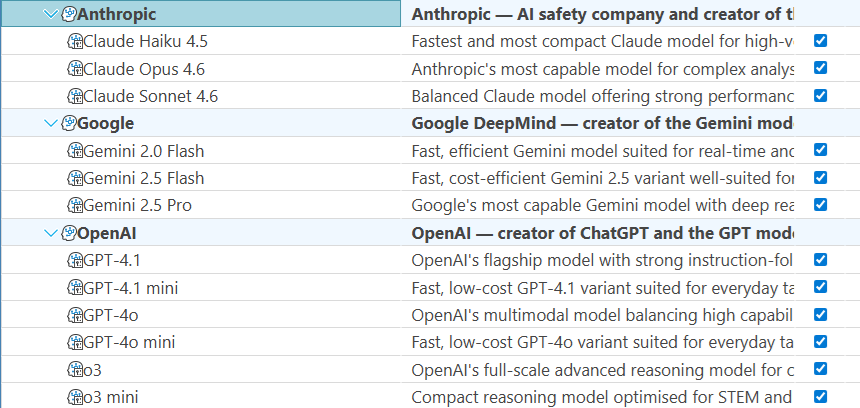 List of AI providers and their available models in Maverick Project Scheduler