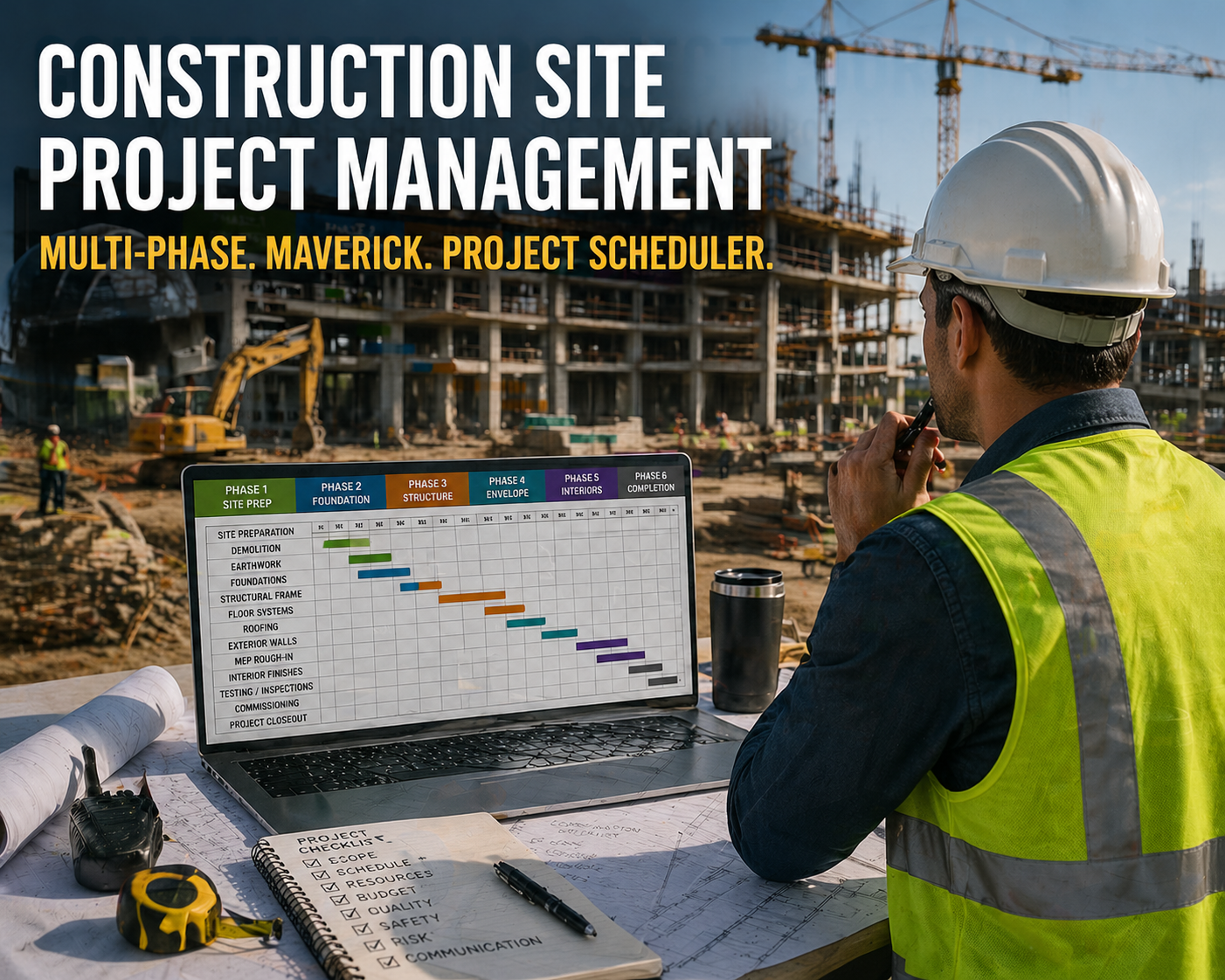 Construction site with project management overlay