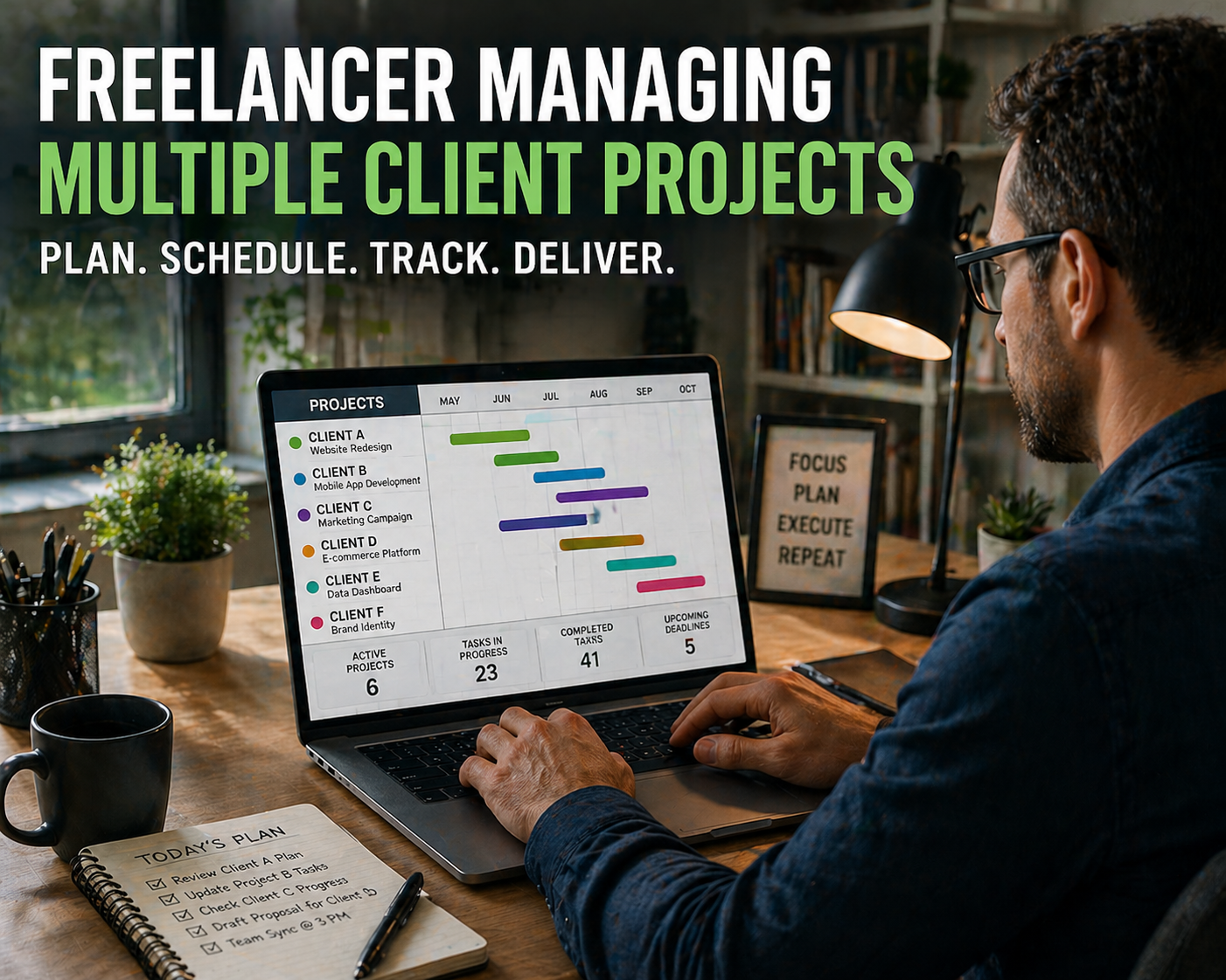 Freelancer managing multiple client projects on a laptop from a home office