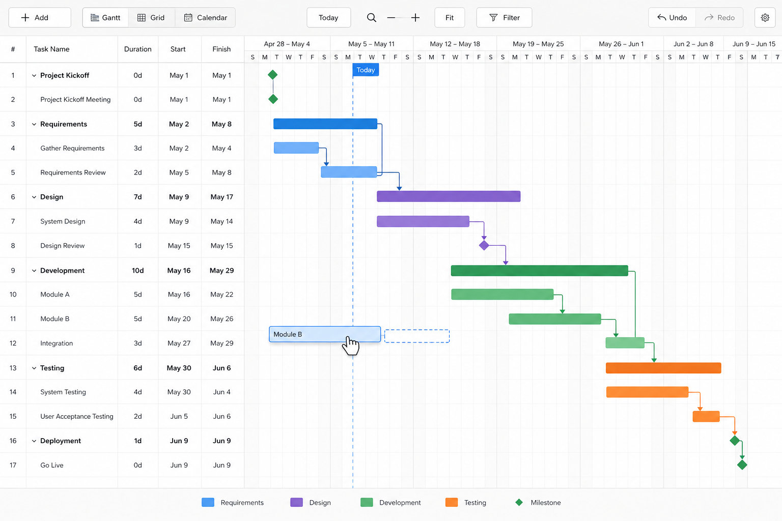 Interactive Gantt chart with drag-and-drop bars, link lines, and milestone markers