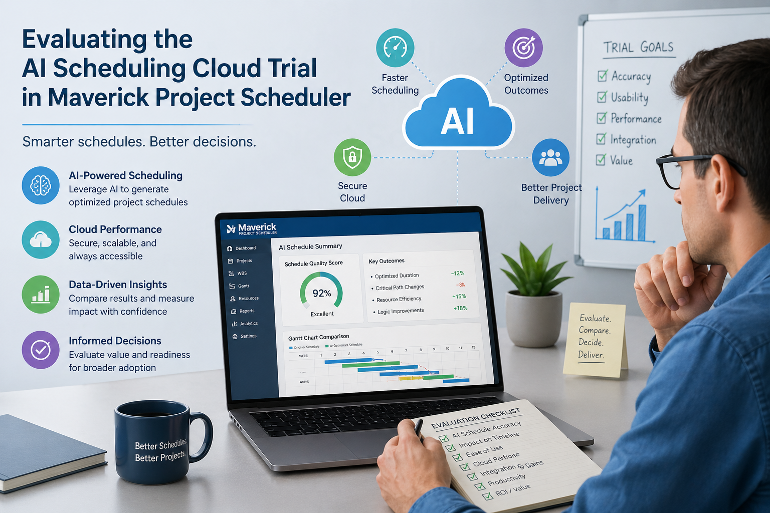 Project manager evaluating Maverick Project Scheduler on a cloud trial environment