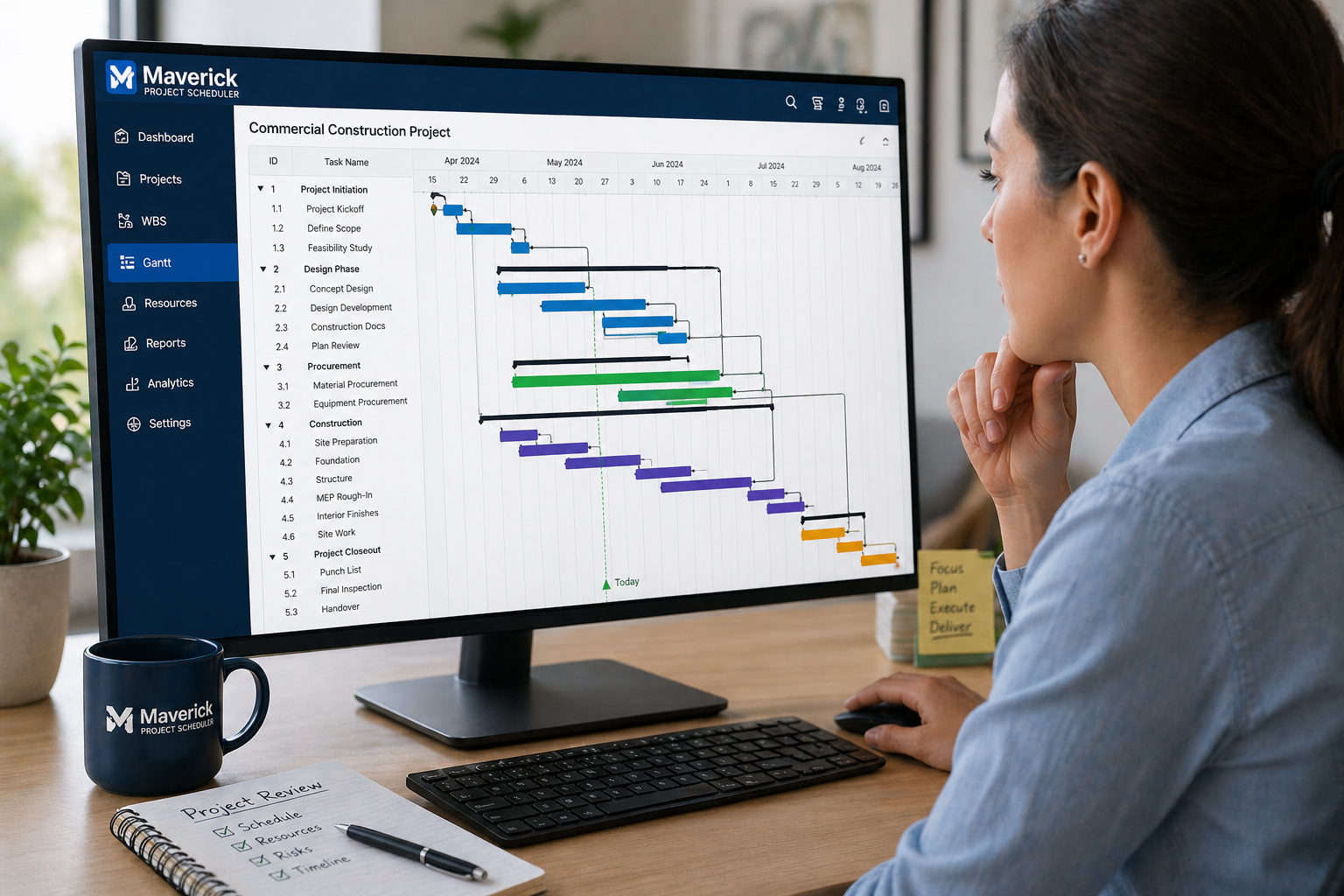Project manager reviewing a Gantt chart timeline on dual monitors